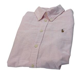 Ralph Lauren Shirt Mens Medium Pink Striped Seersucker Button Up Short Sleeve